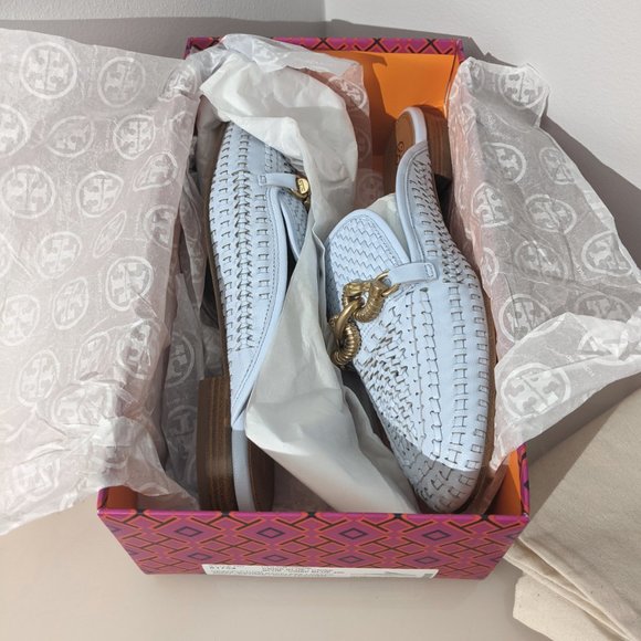 Tory Burch $348 Jessa Woven Backless Loafer Icy Blue Crisp 6 10 - Picture 7 of 16